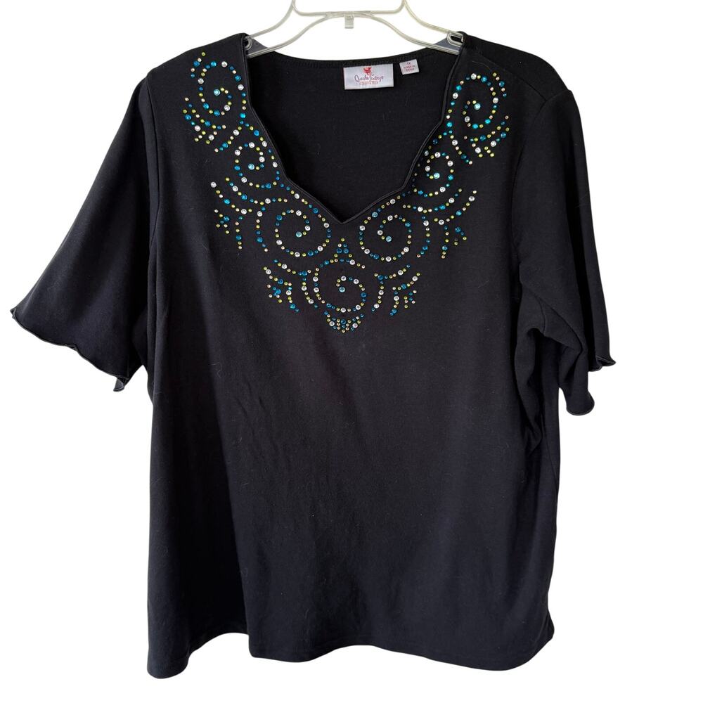 Quacker Factory women's black top rhinestone swirl neckline size 1X